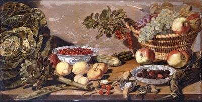 Schalen met kersen en bramen, een mand met druiven, appels en rode bessen, een kool, artisjok, citroenen, augurken, noten, ander fruit, dode snippen en lijsters op een tafel door Robert Willemsz de Baudous