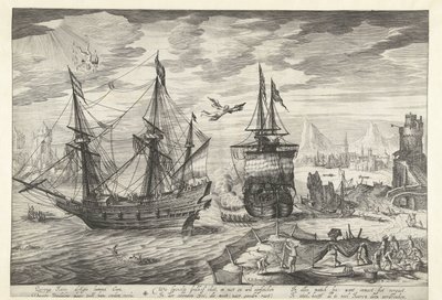 Haven met schepen, in de lucht de val van Icarus door Robert de Baudous