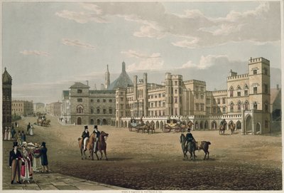 Uitzicht op het House of Lords en Commons, vanaf Old Palace Yard, uitgegeven 1821 door Colnaghi und Co. door Robert the Elder and Younger Havell