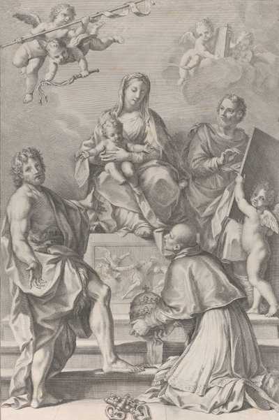 Madonna en kind met Sint Jan de Doper, Sint Lucas, paus Peter Celestini, 1694 door Robert van Audenaerde