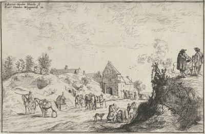 Vele figuren op een pad bij een dorp door Robert van den Hoecke