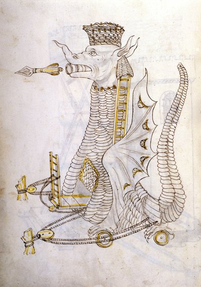 Arabische machine. Illustratie van een Arabische oorlogsmachine in de vorm van een draak met gigantische pijlen uit de mond. In 