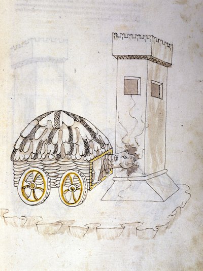 Krijgskunst: studie over militaire machines. een machine uitgerust met een pantser die een toren bestormt, illustratie uit 
