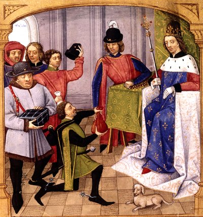 Franse koning Filips V (1293-1322) ontvangt belasting, verluchting door Robinet Testard uit 