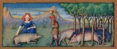 Oktober - varkens voeren met eikels, 15e eeuw, 1939 door Robinet Testard