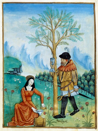 Het balsem verzamelen. Een man verzamelt de hars, of seve, die uit een boom stroomt (Flora: balsemboom), gebruikt voor medicijnen, terwijl een vrouw het in een vat doet door Robinet Testard