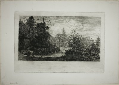 Stad met stenen brug door Rodolphe Bresdin