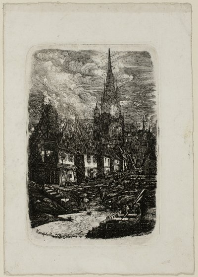 Vissershaven met puntige klokkentoren door Rodolphe Bresdin