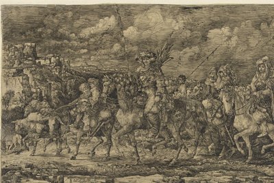 Hunnenkoning met zijn vrouwen omgeven door dienaren en vee, door een landschap rijdend door Rodolphe Bresdin