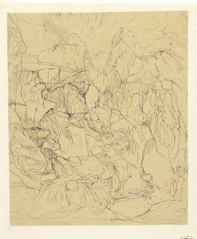 Kaal rotslandschap, op de voorgrond links een waterval door Rodolphe Bresdin