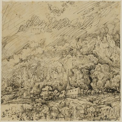 Landschap met een oude kerk door Rodolphe Bresdin