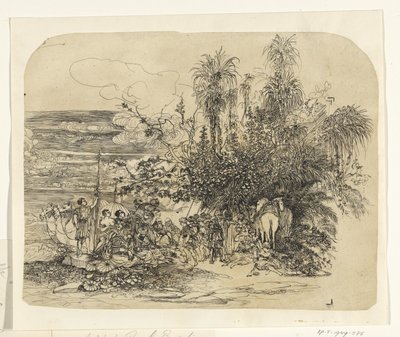 Landschap met een groep rustende oosterlingen met hun paarden en kamelen door Rodolphe Bresdin