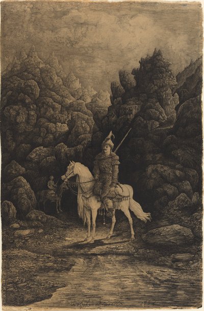 Oosterse ruiter in een verlaten berglandschap door Rodolphe Bresdin