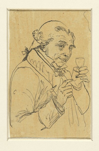 Alter Herr im 18. Jahrhundert Kostüm, in der linken Hand ein Glas Wein erhebend door Rodolphe Bresdin