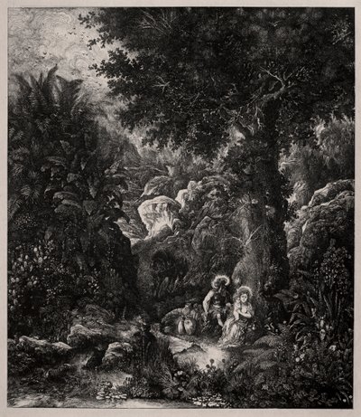 Rust tijdens de vlucht naar Egypte met een gezadeld ezel door Rodolphe Bresdin