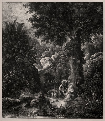 Rust tijdens de vlucht naar Egypte met een gezadelde ezel, 1871 door Rodolphe Bresdin