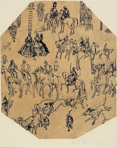 Blad met schetsen: Honden, ruiters, dames. Architecturale elementen, Insecten door Rodolphe Bresdin