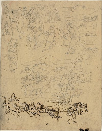 Schetsen van Bijbelse Taferelen, Stad aan het Meer, Bergdorp, Krijger door Rodolphe Bresdin