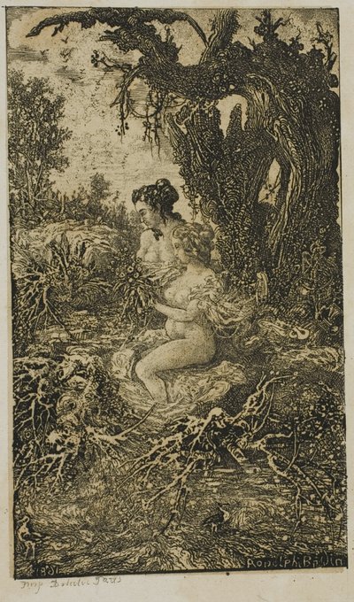 Twee vrouwen baden aan de waterkant, uit Revue Fantaisiste door Rodolphe Bresdin