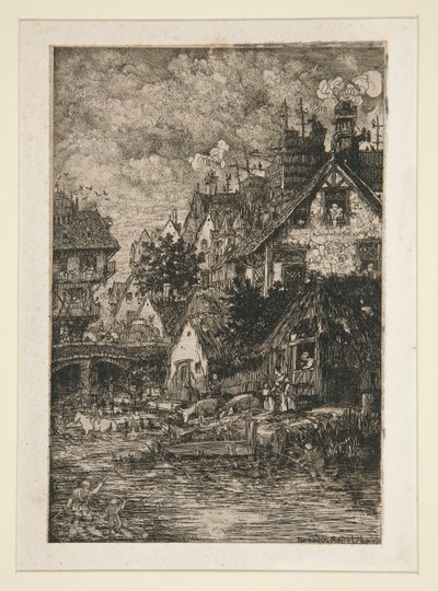 Dorp bij een stroom door Rodolphe Bresdin