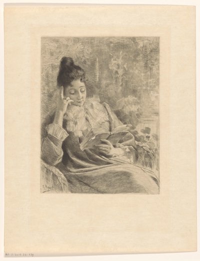 Lezende vrouw in een stoel door Rodolphe Piguet
