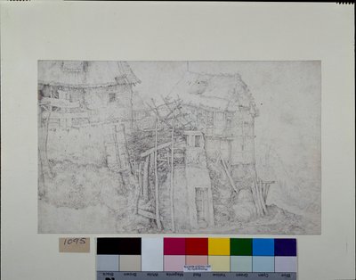 Rieten woningen, deels in ruïnes, op een berghelling door Roelandt Jacobsz. Savery