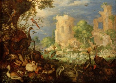 R.Savery, Exotische Vogels, Landschap door Roelandt Savery