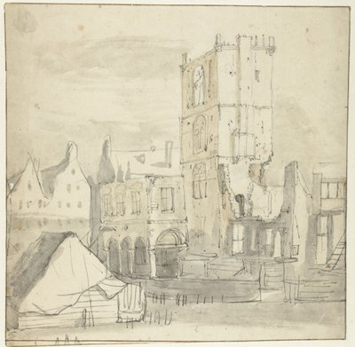 Ruïnes van het oude stadhuis, Amsterdam, na de brand van 1652 door Roelant Roghman (attributed to)
