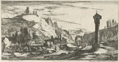 Bergachtig landschap met zuil door Roelant Roghman