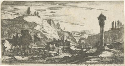 Bergachtig landschap met zuil door Roelant Roghman