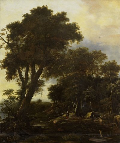 Boslandschap met schuilhut door Roelant Roghman