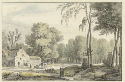 Landschap met een reiswagen voor een boerderij door Roelant Roghman