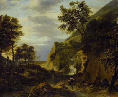 Berglandschap met waterval door Roelant Roghman