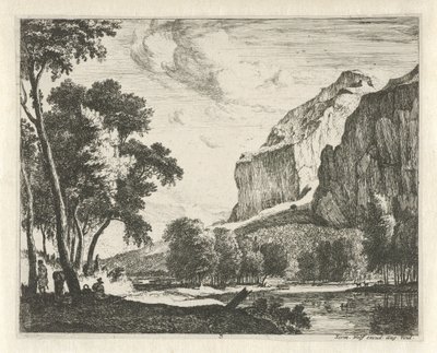 Rivierlandschap met rotsen door Roelant Roghman