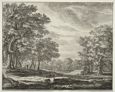 Zes uitzichten in het bos van Den Haag: Een man met een staf in zijn hand door Roelant Roghman