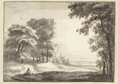 Boslandschap met rustende reiziger door Roelant Roghman