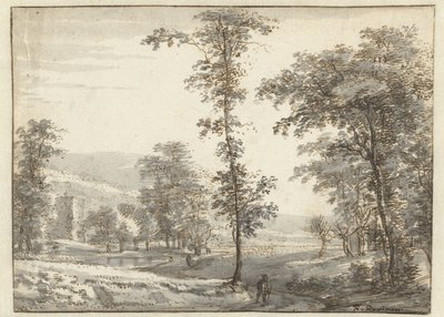 Boslandschap met een reiziger op een pad door Roelant Roghman