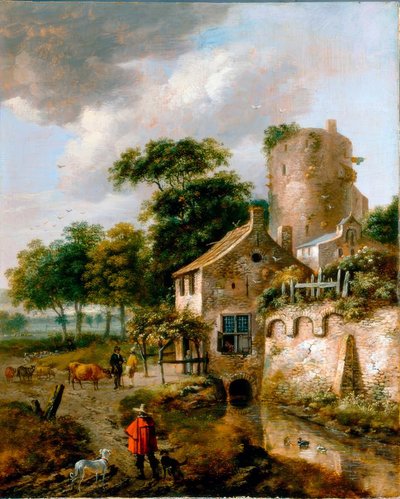 R.J. v. Vries, landschap met toren door Roelof Jansz van Vries