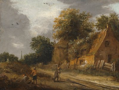 Drie figuren die langs een weg voor een huisje lopen door Roelof Jansz van Vries