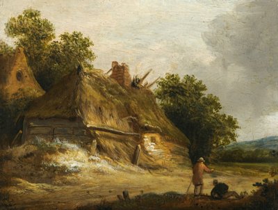 Twee figuren die langs de weg voor een huisje lopen door Roelof Jansz van Vries