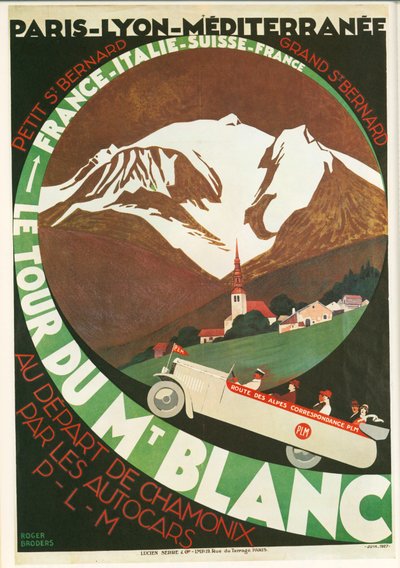 Roger Broders: Le Tour du Mont Blanc au départ de Chamonix par les Autocars P ... (litho) door Roger Broders