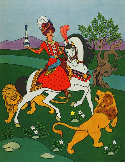 De prins rijdt met twee leeuwen, illustratie voor 