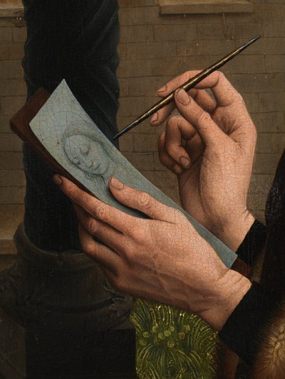 Detail van Sint Lucas tekent het portret van de Maagd door Rogier van der (after) Weyden