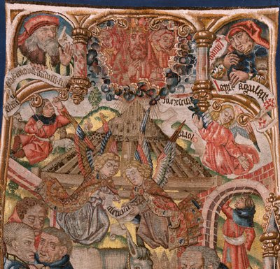 Vlaams wandtapijt. Drieluik van de Geboorte van Christus. Modellen van Cartograaf uit de kring van Rogier van der Weyden. Fabrikant Zuidelijke Nederlanden. Ca 1492. Stof Goud, zilver, zijde en wol. door Rogier van der (circle of) Weyden