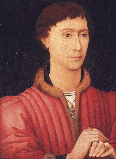 Portret van een jonge man, buste-lengte, in een met bont afgezet rood wambuis, ca. 1450-60 door Rogier van der (circle of) Weyden