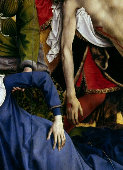 Kruisafneming. Detail van de hand van de verdwenen maagd en van de hand van Christus. Rogier Altaarstuk (Roger) Van Der Weyden (1400-1464) 1435 (detail) door Rogier van der Weyden