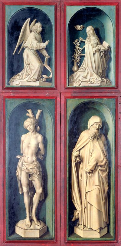 De Aankondiging, St. Sebastian en St. Anthony de Grote, panelen van de achterkant van het Laatste Oordeel, c.1445-50 door Rogier van der Weyden