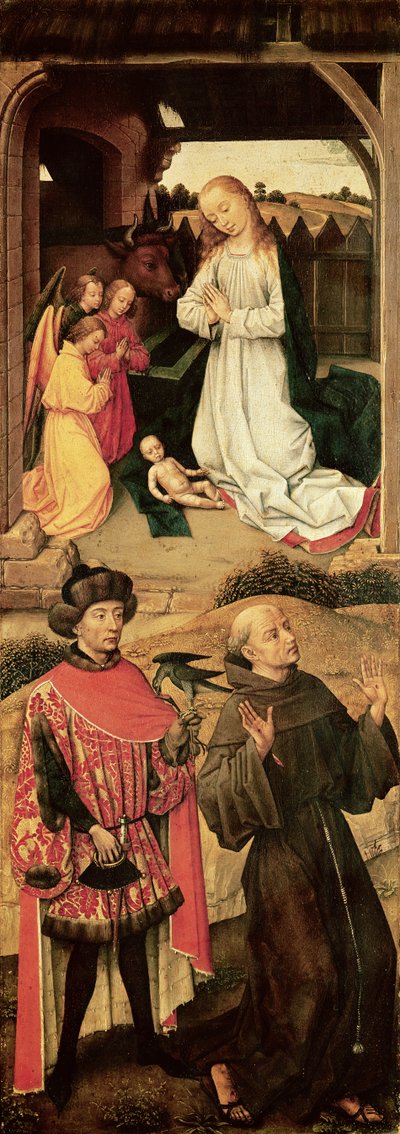 Drieluik van de Calvarie (linker paneel, de Geboorte in het bovenste gedeelte, Sint Franciscus van Assisi en mogelijk Sint Julianus de Hospitaller in het onderste gedeelte) door Rogier van der Weyden