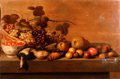 Stilleven met fruit en wildvogels door Roloef (circle of) Koets