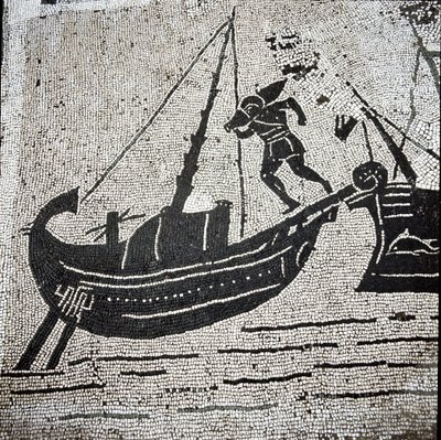 Een schip van Cagliari keert terug naar de haven van Ostia (mozaïek) door Roman